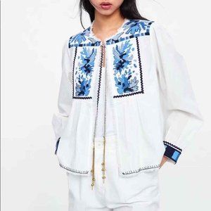 Zara Blazers| M| Embroidered Blouse Jacket| Long Sleeve| Tie Neck